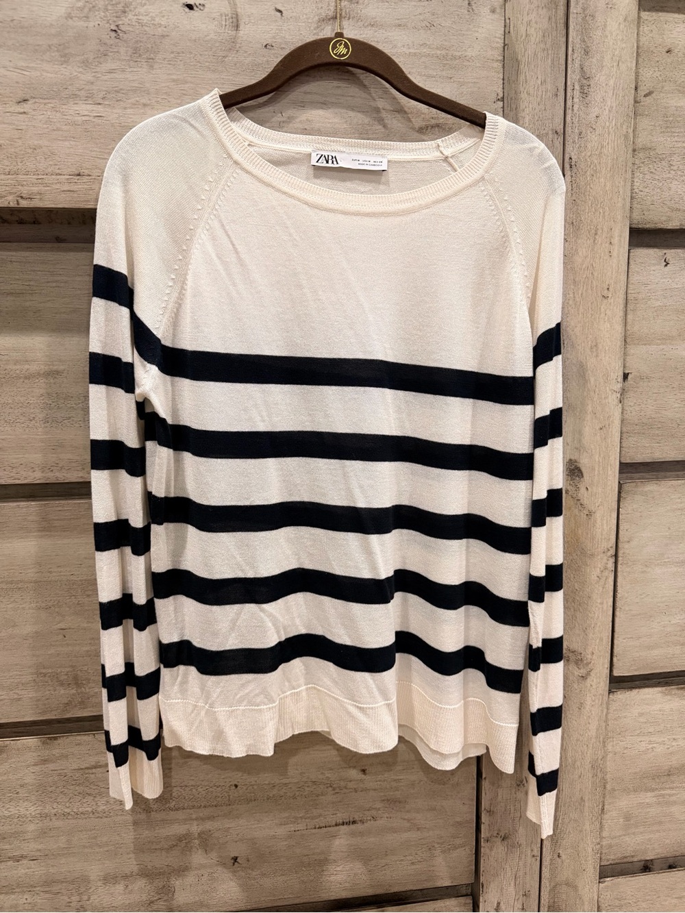 Zara Cream and Black Striped Crewneck Sweater